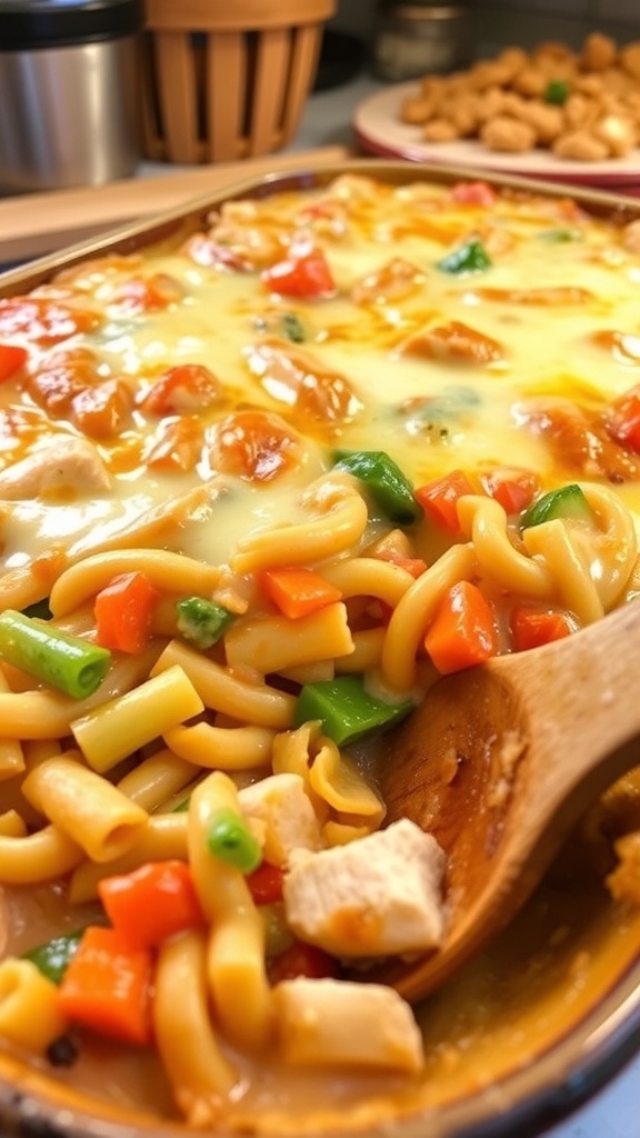 A delicious dump and bake casserole with cheese, pasta, chicken, and vegetables in a baking dish.